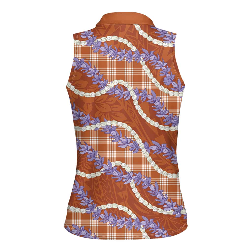 Orange Hawaii Palaka Honohono Pikake Women Sleeveless Polo Shirt Hawaiian Orchid Lei Polynesian Pattern LT14 - Polynesian Pride
