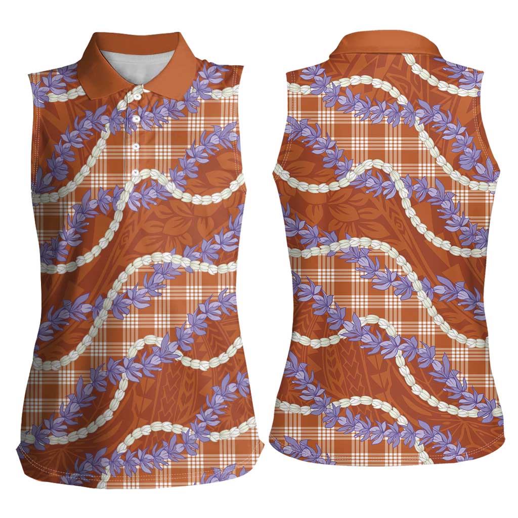 Orange Hawaii Palaka Honohono Pikake Women Sleeveless Polo Shirt Hawaiian Orchid Lei Polynesian Pattern LT14 - Polynesian Pride