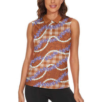 Orange Hawaii Palaka Honohono Pikake Women Sleeveless Polo Shirt Hawaiian Orchid Lei Polynesian Pattern LT14 - Polynesian Pride