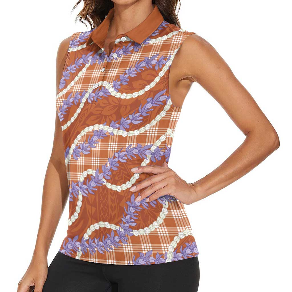 Orange Hawaii Palaka Honohono Pikake Women Sleeveless Polo Shirt Hawaiian Orchid Lei Polynesian Pattern LT14 - Polynesian Pride