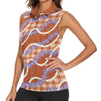 Orange Hawaii Palaka Honohono Pikake Women Sleeveless Polo Shirt Hawaiian Orchid Lei Polynesian Pattern LT14 - Polynesian Pride
