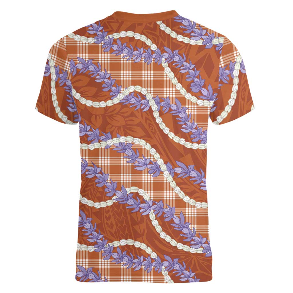 Orange Hawaii Palaka Honohono Pikake Women V-Neck T-Shirt Hawaiian Orchid Lei Polynesian Pattern - Polynesian Pride