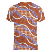 Orange Hawaii Palaka Honohono Pikake Women V-Neck T-Shirt Hawaiian Orchid Lei Polynesian Pattern - Polynesian Pride