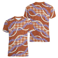 Orange Hawaii Palaka Honohono Pikake Women V-Neck T-Shirt Hawaiian Orchid Lei Polynesian Pattern - Polynesian Pride