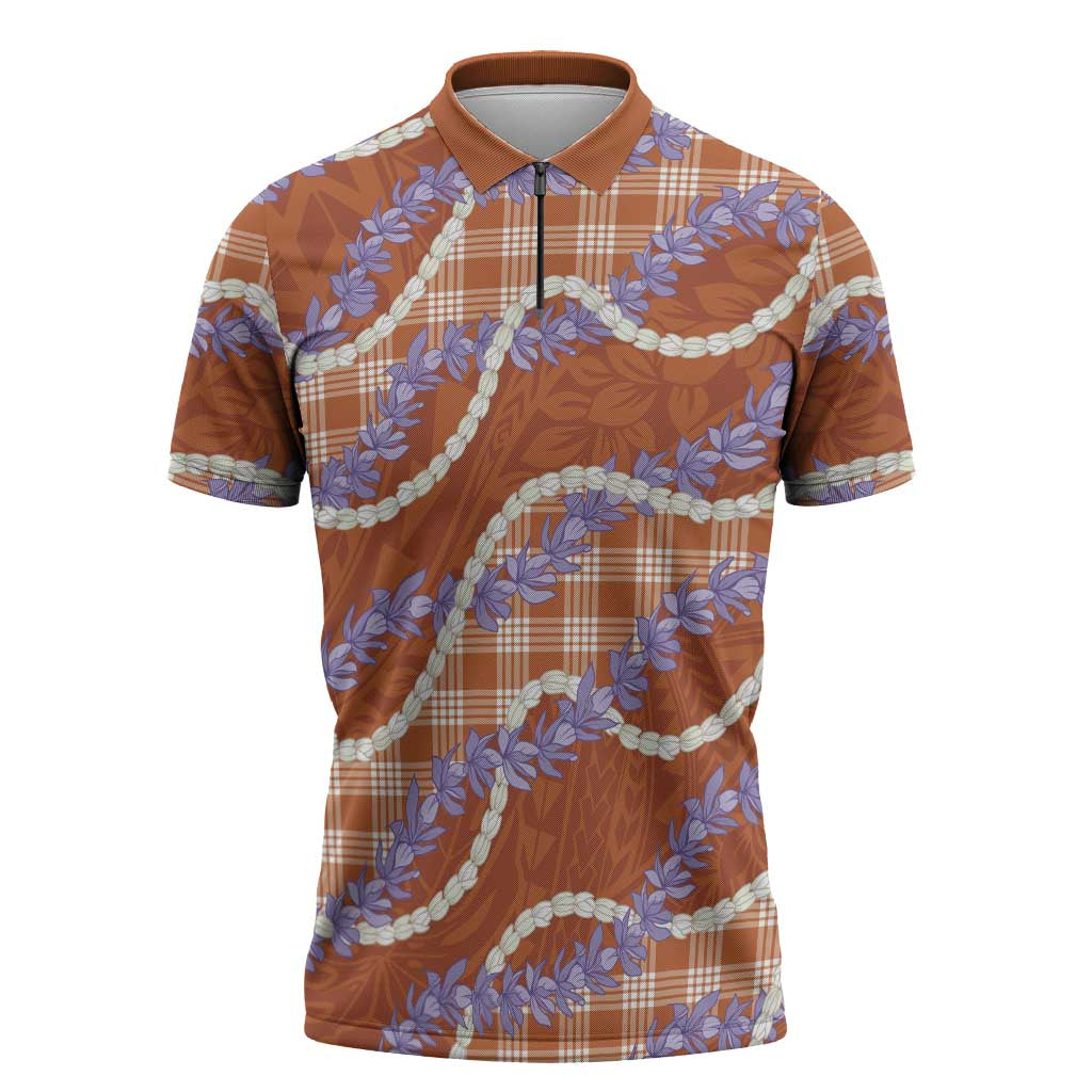 Orange Hawaii Palaka Honohono Pikake Zipper Polo Shirt Hawaiian Orchid Lei Polynesian Pattern - Polynesian Pride