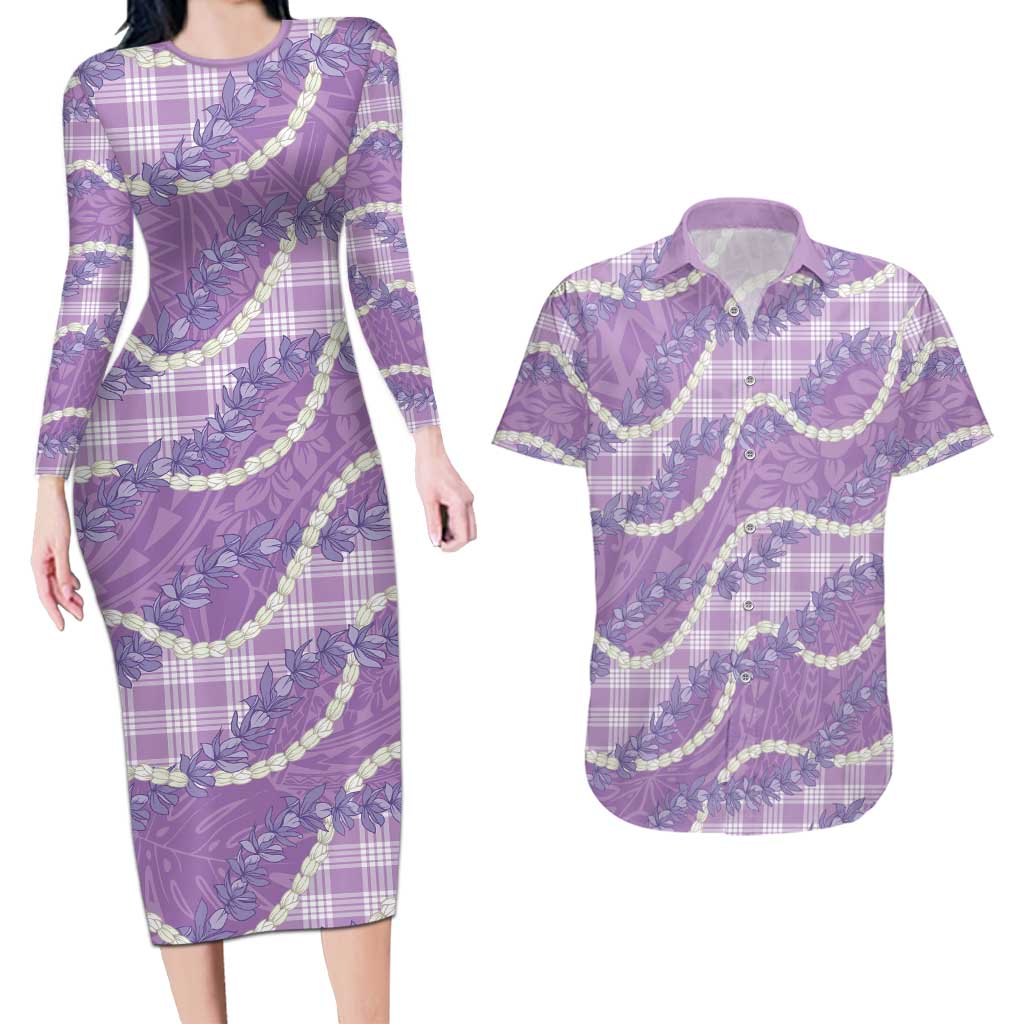 Purple Hawaii Palaka Honohono Pikake Couples Matching Long Sleeve Bodycon Dress and Hawaiian Shirt Hawaiian Orchid Lei Polynesian Pattern LT14 Purple - Polynesian Pride