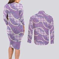 Purple Hawaii Palaka Honohono Pikake Couples Matching Long Sleeve Bodycon Dress and Long Sleeve Button Shirt Hawaiian Orchid Lei Polynesian Pattern LT14 - Polynesian Pride