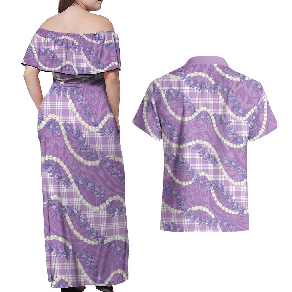 Purple Hawaii Palaka Honohono Pikake Couples Matching Off Shoulder Maxi Dress and Hawaiian Shirt Hawaiian Orchid Lei Polynesian Pattern LT14 - Polynesian Pride