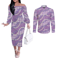 Purple Hawaii Palaka Honohono Pikake Couples Matching Off The Shoulder Long Sleeve Dress and Long Sleeve Button Shirt Hawaiian Orchid Lei Polynesian Pattern LT14 Purple - Polynesian Pride