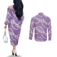Purple Hawaii Palaka Honohono Pikake Couples Matching Off The Shoulder Long Sleeve Dress and Long Sleeve Button Shirt Hawaiian Orchid Lei Polynesian Pattern LT14 - Polynesian Pride