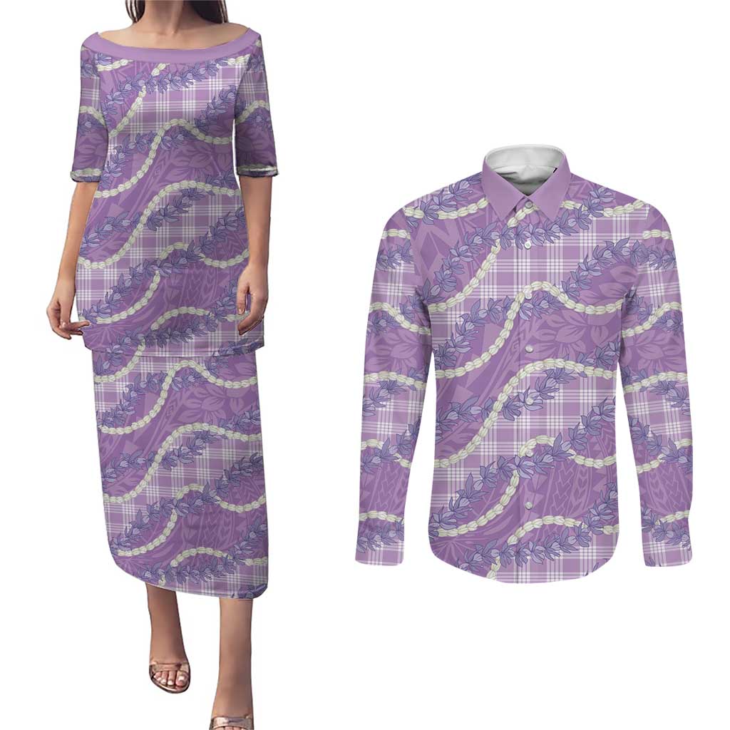 Purple Hawaii Palaka Honohono Pikake Couples Matching Puletasi and Long Sleeve Button Shirt Hawaiian Orchid Lei Polynesian Pattern - Polynesian Pride