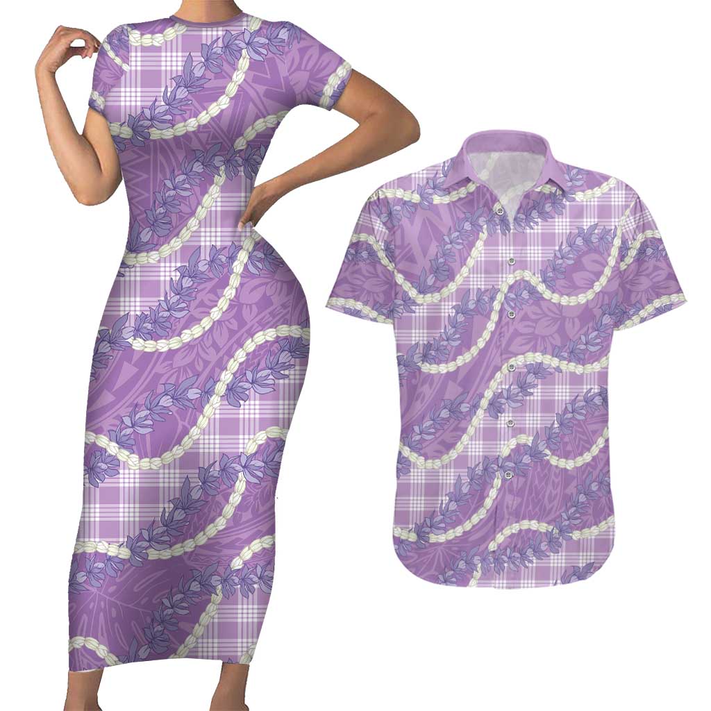 Purple Hawaii Palaka Honohono Pikake Couples Matching Short Sleeve Bodycon Dress and Hawaiian Shirt Hawaiian Orchid Lei Polynesian Pattern LT14 Purple - Polynesian Pride