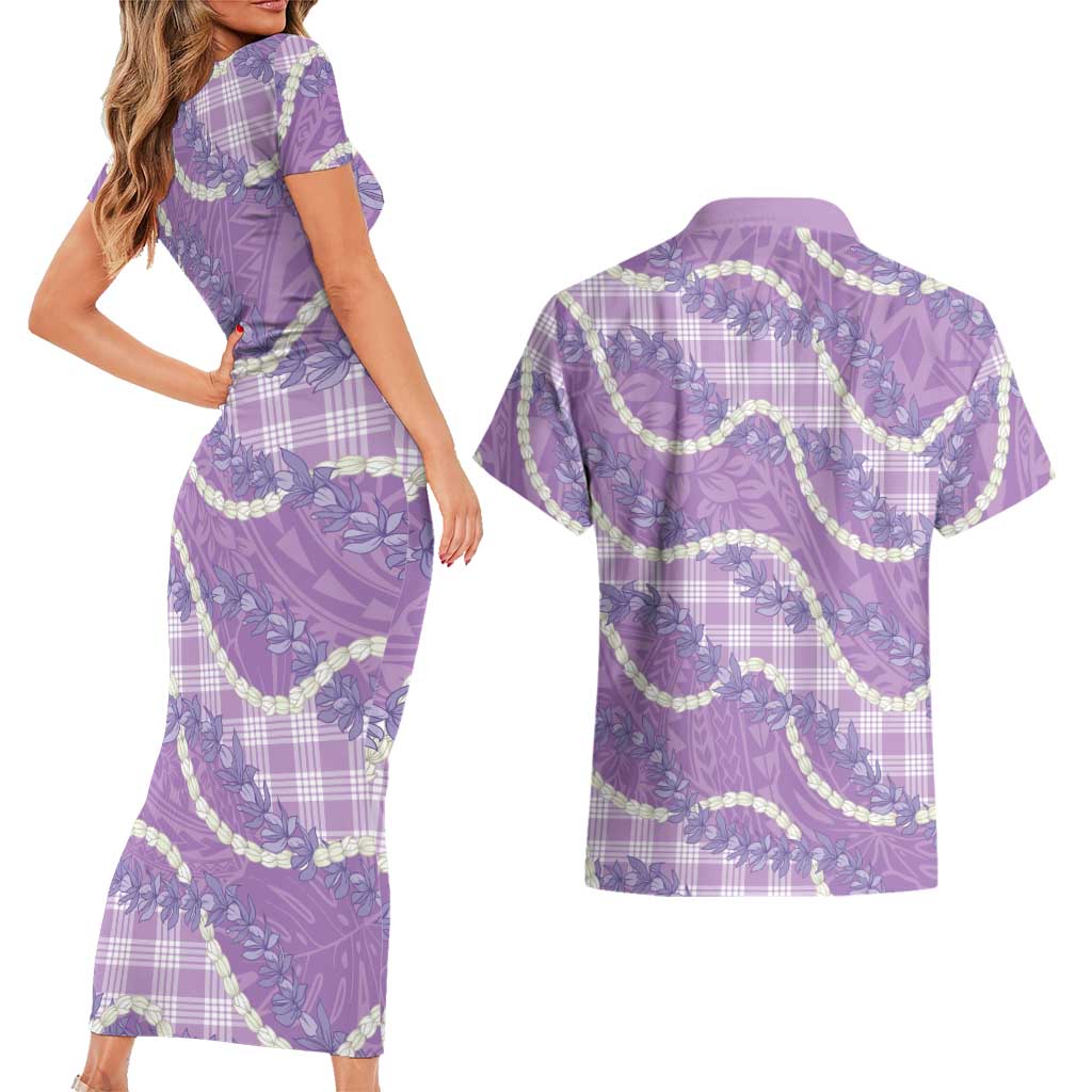 Purple Hawaii Palaka Honohono Pikake Couples Matching Short Sleeve Bodycon Dress and Hawaiian Shirt Hawaiian Orchid Lei Polynesian Pattern LT14 - Polynesian Pride