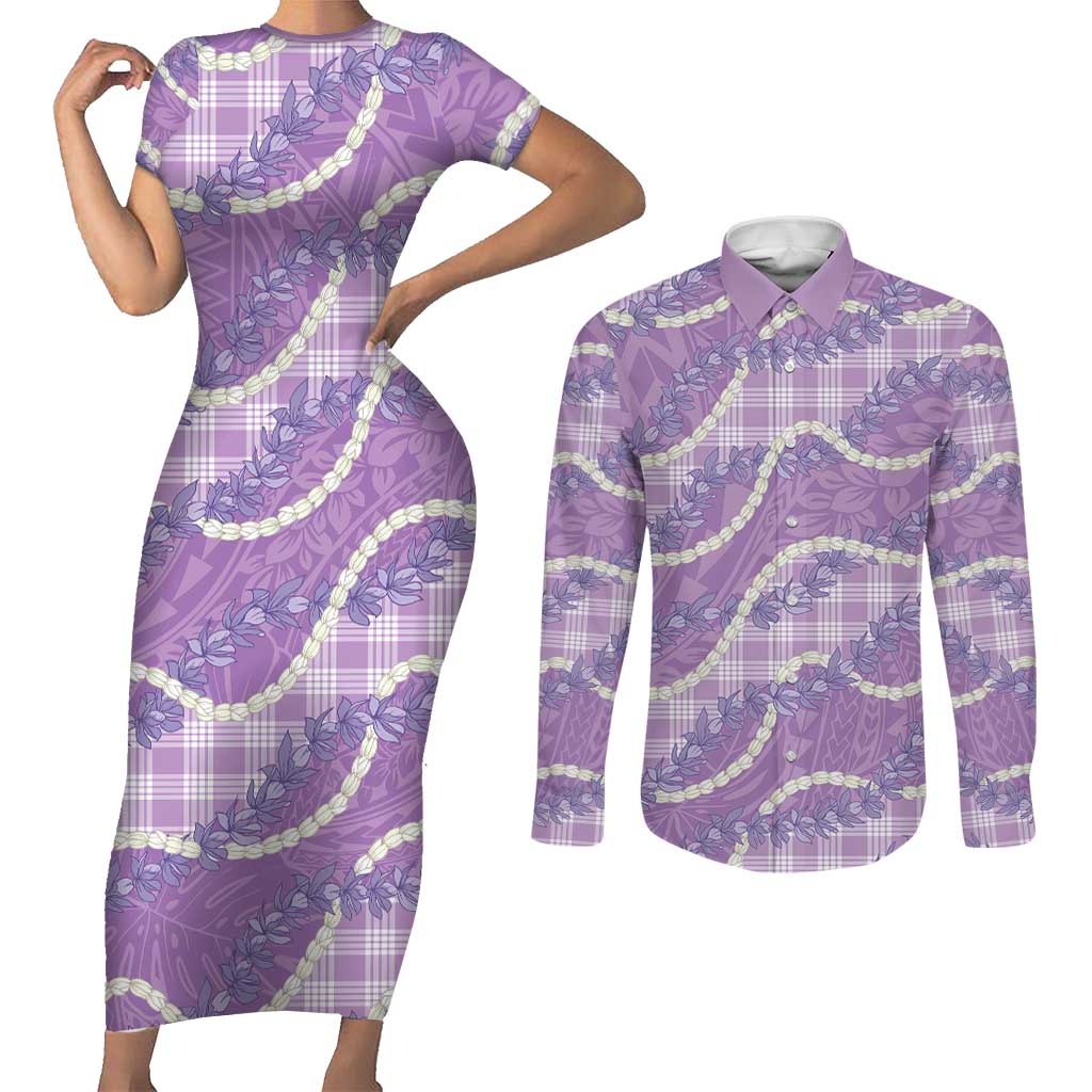 Purple Hawaii Palaka Honohono Pikake Couples Matching Short Sleeve Bodycon Dress and Long Sleeve Button Shirt Hawaiian Orchid Lei Polynesian Pattern - Polynesian Pride