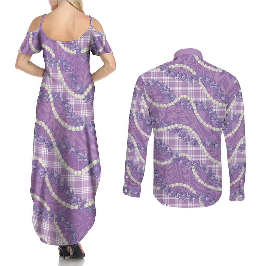 Purple Hawaii Palaka Honohono Pikake Couples Matching Summer Maxi Dress and Long Sleeve Button Shirt Hawaiian Orchid Lei Polynesian Pattern - Polynesian Pride