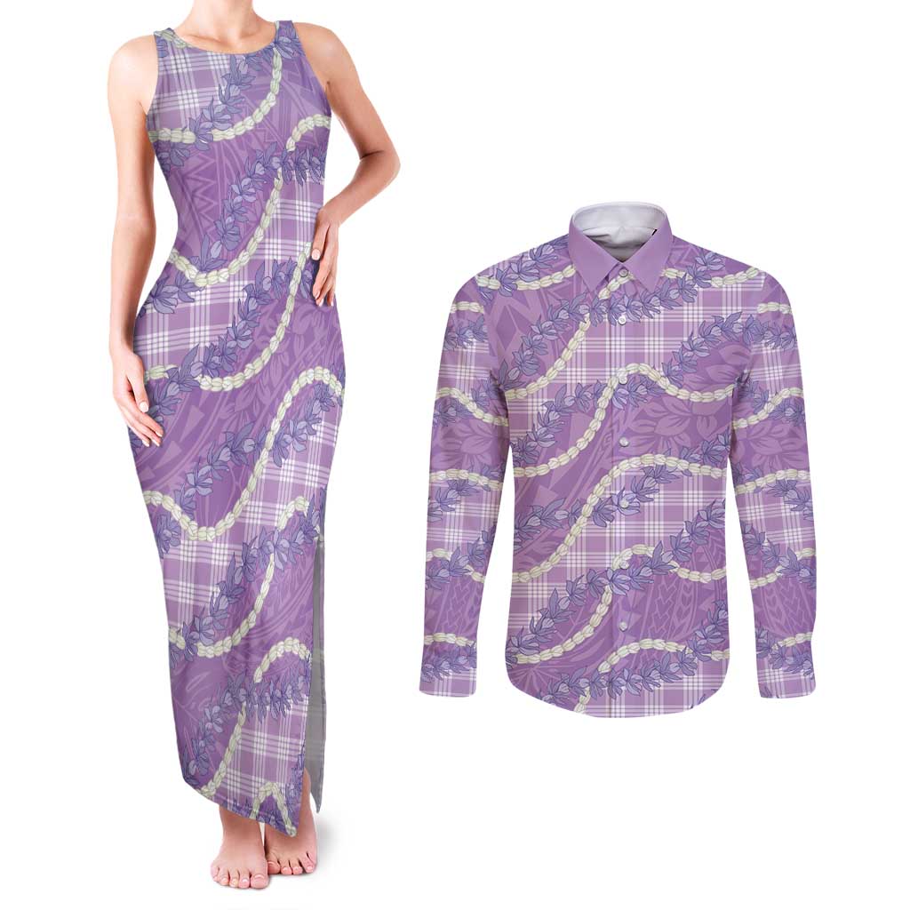 Purple Hawaii Palaka Honohono Pikake Couples Matching Tank Maxi Dress and Long Sleeve Button Shirt Hawaiian Orchid Lei Polynesian Pattern LT14 Purple - Polynesian Pride