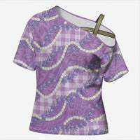 Purple Hawaii Palaka Honohono Pikake Cross Shoulder Shirt Hawaiian Orchid Lei Polynesian Pattern - Polynesian Pride