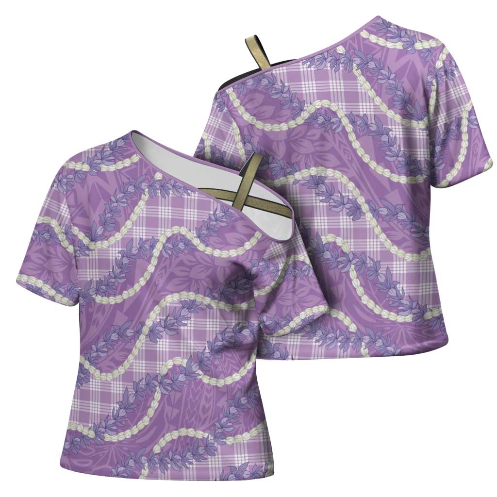 Purple Hawaii Palaka Honohono Pikake Cross Shoulder Shirt Hawaiian Orchid Lei Polynesian Pattern - Polynesian Pride
