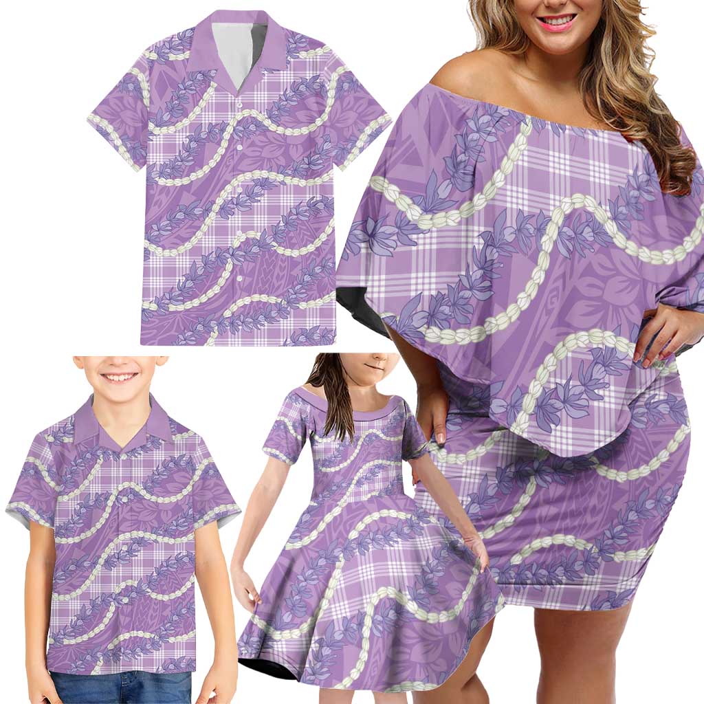 Purple Hawaii Palaka Honohono Pikake Family Matching Off Shoulder Short Dress and Hawaiian Shirt Hawaiian Orchid Lei Polynesian Pattern LT14 - Polynesian Pride