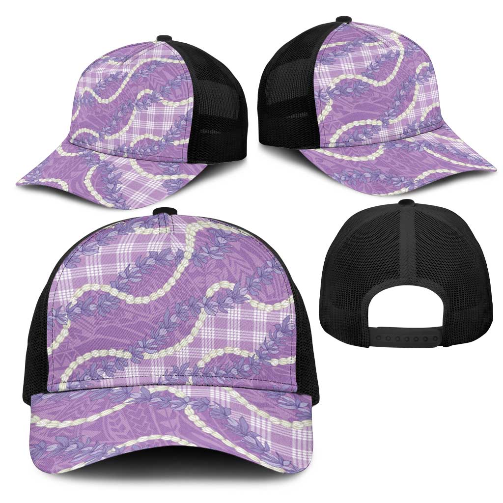 Purple Hawaii Palaka Honohono Pikake Mesh Trucker Cap Hawaiian Orchid Lei Polynesian Pattern - Polynesian Pride