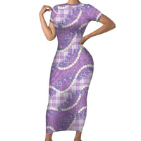 Purple Hawaii Palaka Honohono Pikake Short Sleeve Bodycon Dress Hawaiian Orchid Lei Polynesian Pattern - Polynesian Pride