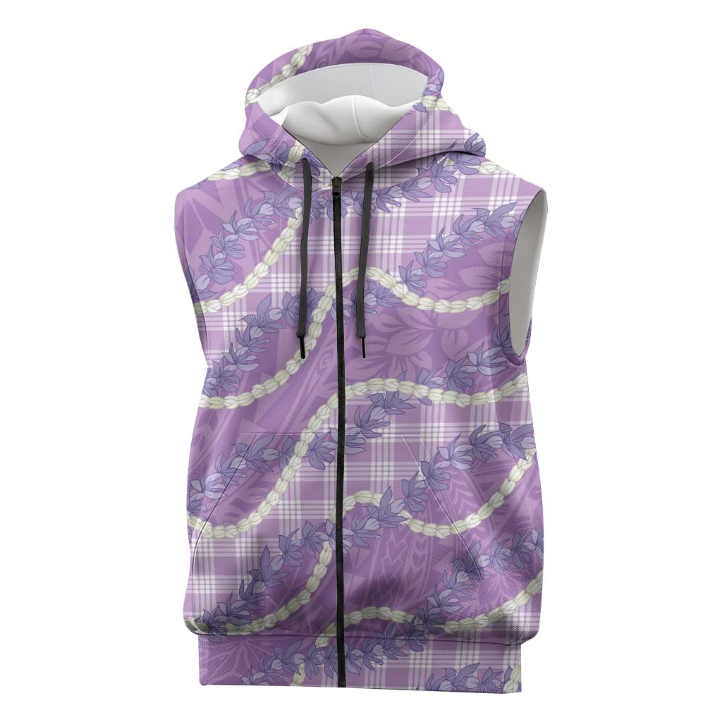 Purple Hawaii Palaka Honohono Pikake Sleeveless Zip Hoodie Hawaiian Orchid Lei Polynesian Pattern - Polynesian Pride