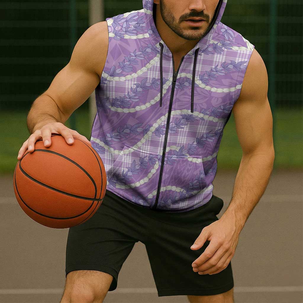 Purple Hawaii Palaka Honohono Pikake Sleeveless Zip Hoodie Hawaiian Orchid Lei Polynesian Pattern - Polynesian Pride