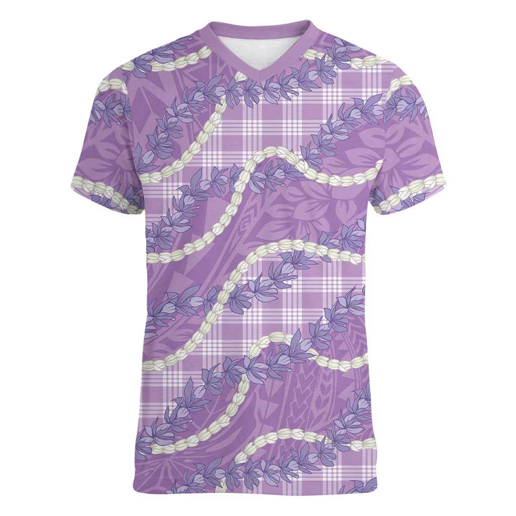 Purple Hawaii Palaka Honohono Pikake Women V-Neck T-Shirt Hawaiian Orchid Lei Polynesian Pattern - Polynesian Pride