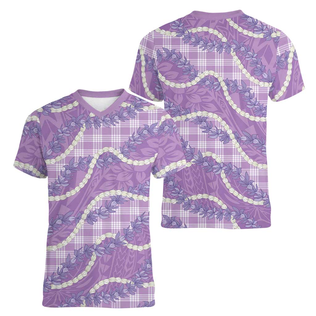 Purple Hawaii Palaka Honohono Pikake Women V-Neck T-Shirt Hawaiian Orchid Lei Polynesian Pattern - Polynesian Pride