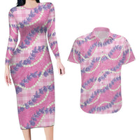 Pink Hawaii Palaka Honohono Pikake Couples Matching Long Sleeve Bodycon Dress and Hawaiian Shirt Hawaiian Orchid Lei Polynesian Pattern LT14 Pink - Polynesian Pride