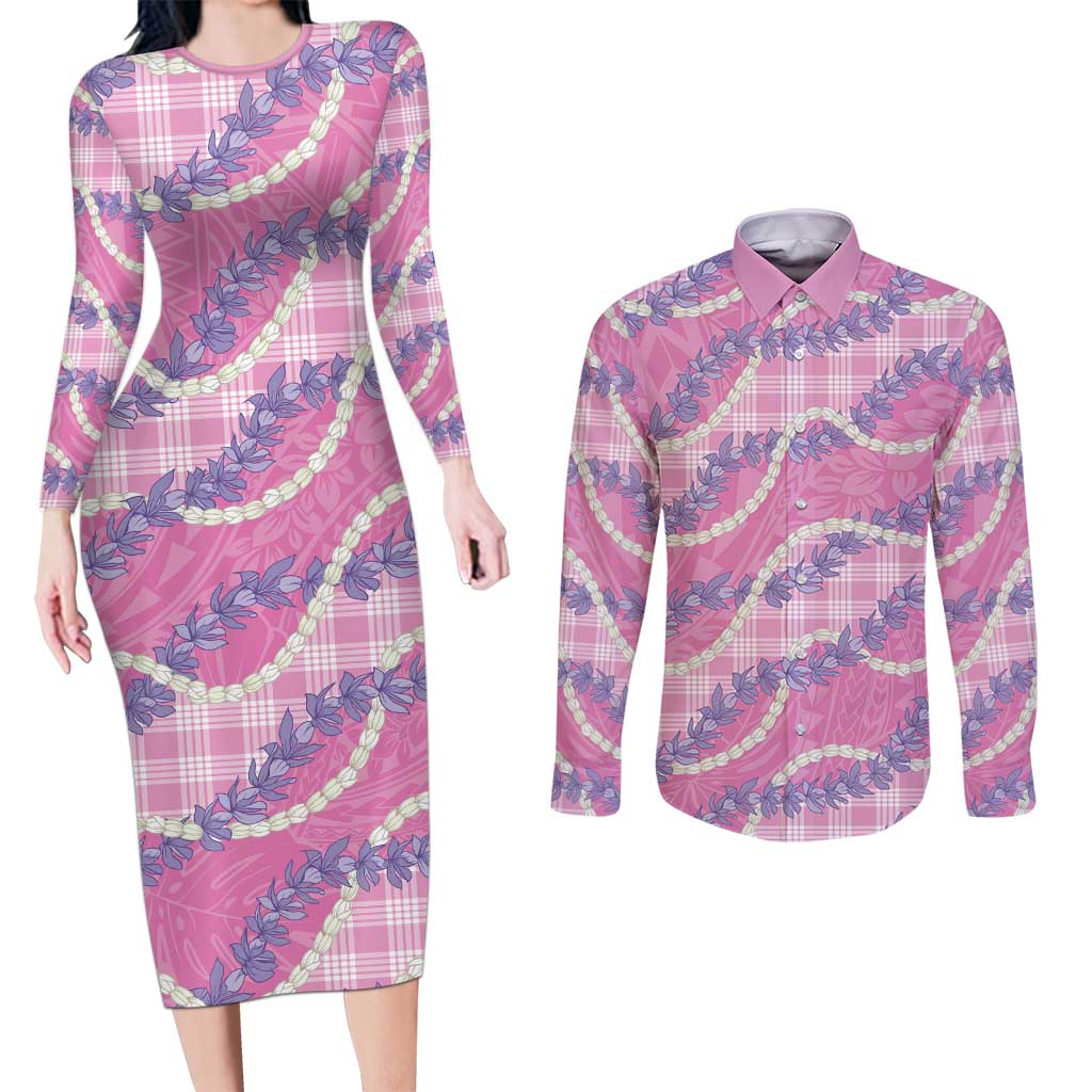 Pink Hawaii Palaka Honohono Pikake Couples Matching Long Sleeve Bodycon Dress and Long Sleeve Button Shirt Hawaiian Orchid Lei Polynesian Pattern LT14 Pink - Polynesian Pride