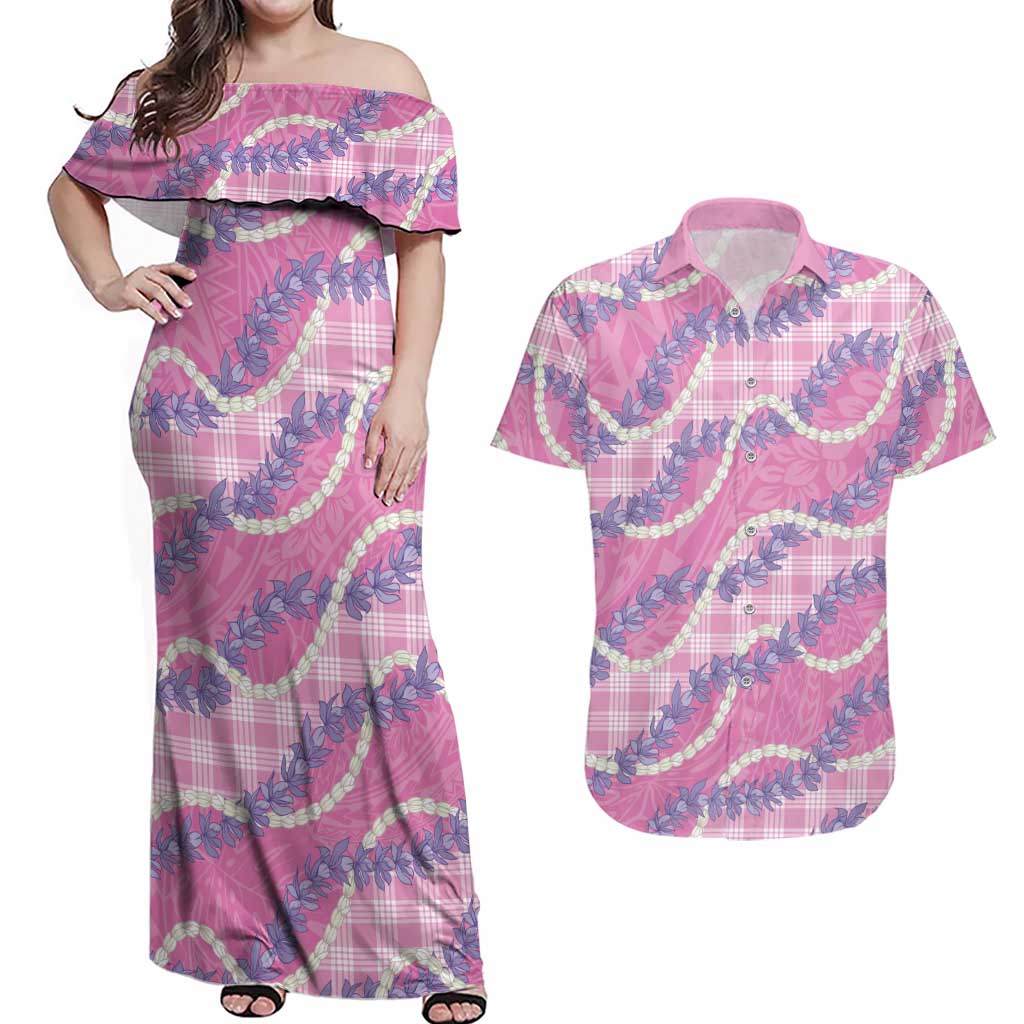 Pink Hawaii Palaka Honohono Pikake Couples Matching Off Shoulder Maxi Dress and Hawaiian Shirt Hawaiian Orchid Lei Polynesian Pattern - Polynesian Pride