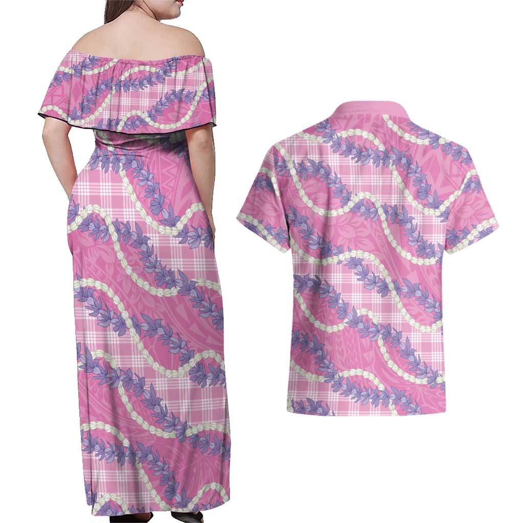 Pink Hawaii Palaka Honohono Pikake Couples Matching Off Shoulder Maxi Dress and Hawaiian Shirt Hawaiian Orchid Lei Polynesian Pattern LT14 - Polynesian Pride