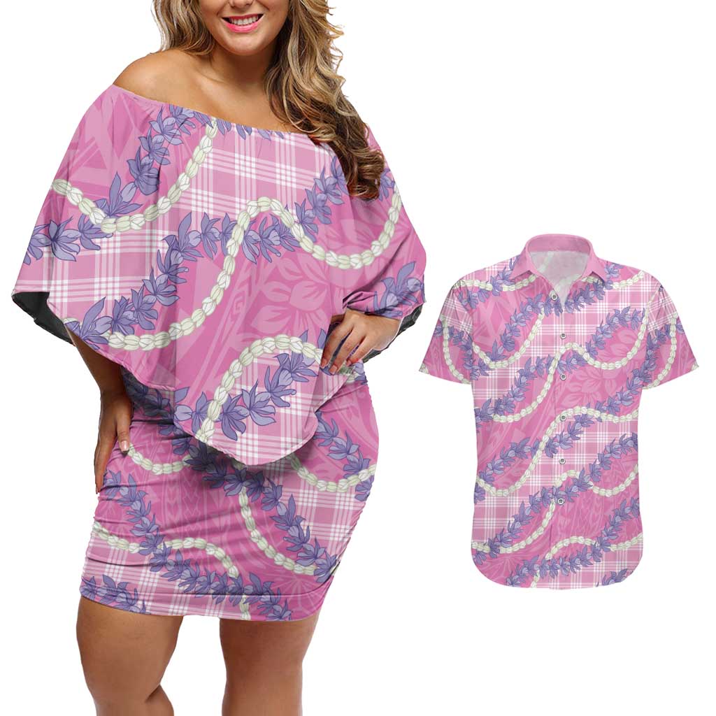 Pink Hawaii Palaka Honohono Pikake Couples Matching Off Shoulder Short Dress and Hawaiian Shirt Hawaiian Orchid Lei Polynesian Pattern LT14 Pink - Polynesian Pride