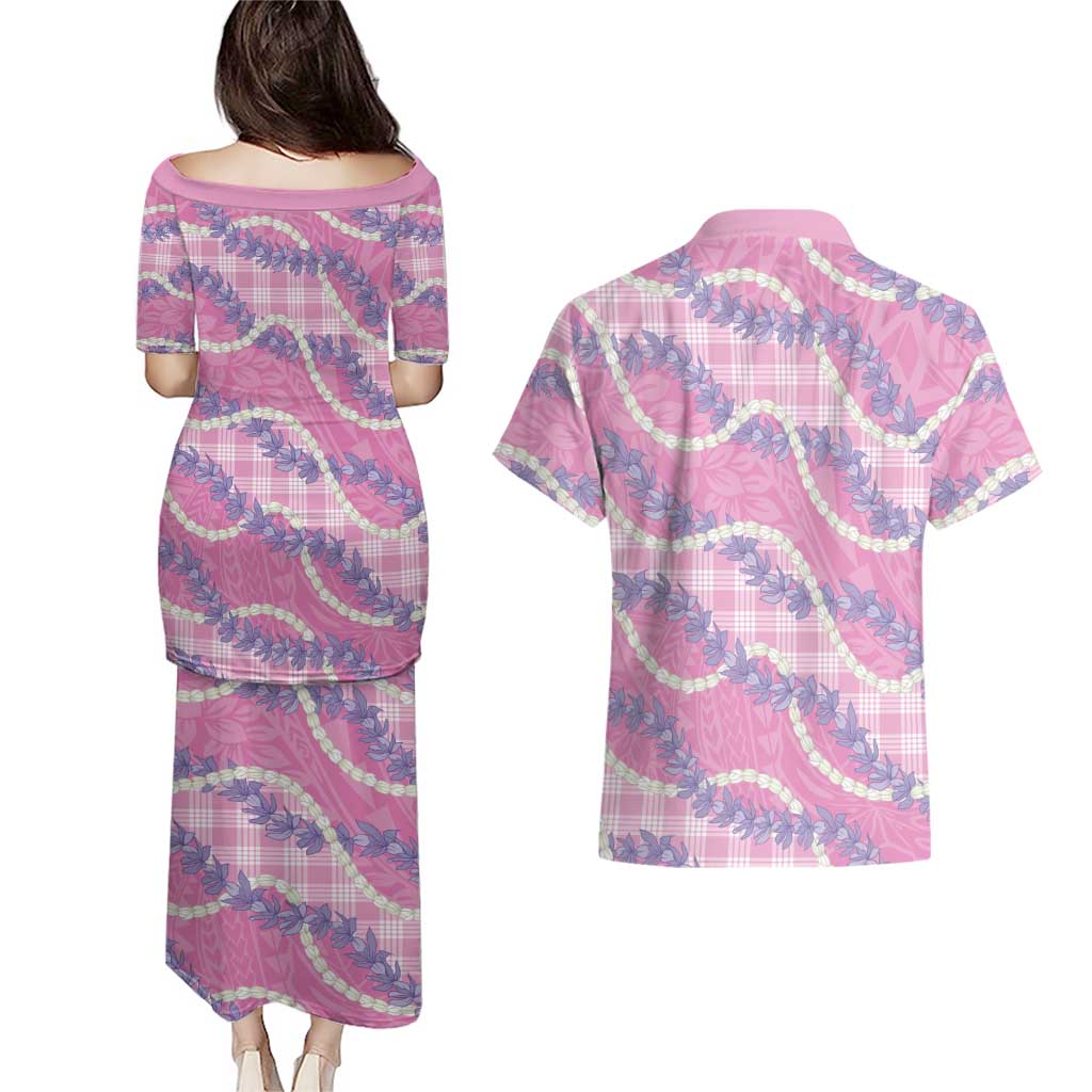 Pink Hawaii Palaka Honohono Pikake Couples Matching Puletasi and Hawaiian Shirt Hawaiian Orchid Lei Polynesian Pattern - Polynesian Pride
