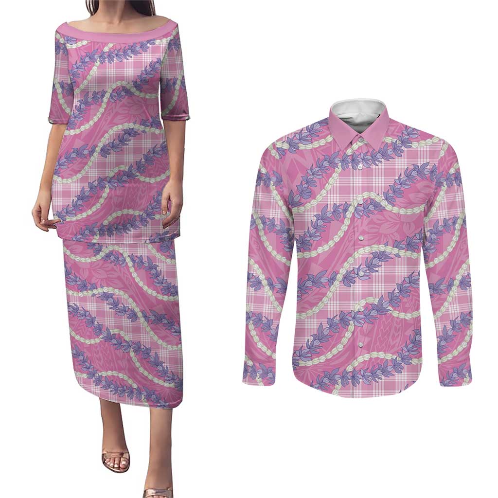 Pink Hawaii Palaka Honohono Pikake Couples Matching Puletasi and Long Sleeve Button Shirt Hawaiian Orchid Lei Polynesian Pattern - Polynesian Pride