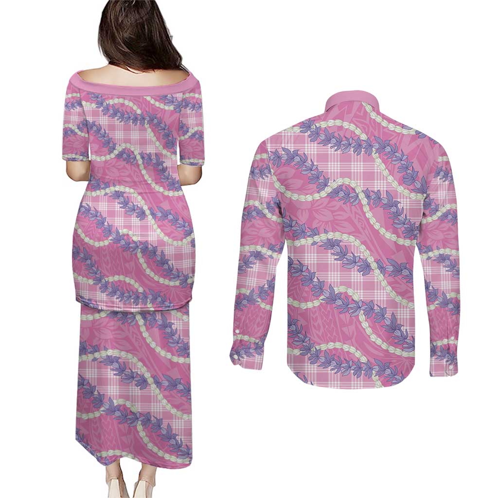 Pink Hawaii Palaka Honohono Pikake Couples Matching Puletasi and Long Sleeve Button Shirt Hawaiian Orchid Lei Polynesian Pattern - Polynesian Pride