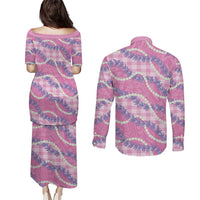 Pink Hawaii Palaka Honohono Pikake Couples Matching Puletasi and Long Sleeve Button Shirt Hawaiian Orchid Lei Polynesian Pattern - Polynesian Pride