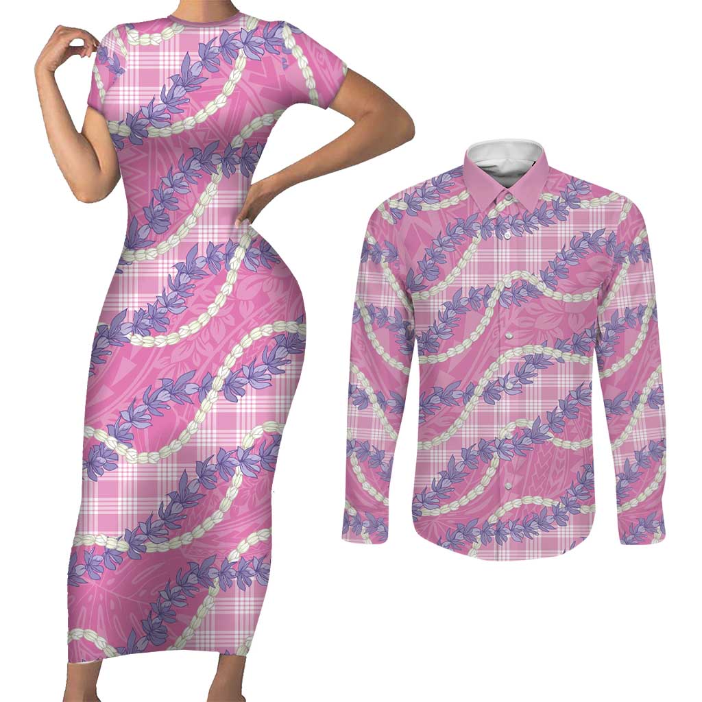 Pink Hawaii Palaka Honohono Pikake Couples Matching Short Sleeve Bodycon Dress and Long Sleeve Button Shirt Hawaiian Orchid Lei Polynesian Pattern - Polynesian Pride