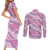 Pink Hawaii Palaka Honohono Pikake Couples Matching Short Sleeve Bodycon Dress and Long Sleeve Button Shirt Hawaiian Orchid Lei Polynesian Pattern LT14 - Polynesian Pride