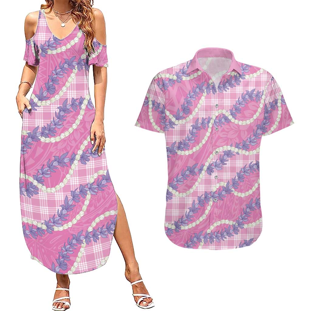 Pink Hawaii Palaka Honohono Pikake Couples Matching Summer Maxi Dress and Hawaiian Shirt Hawaiian Orchid Lei Polynesian Pattern LT14 Pink - Polynesian Pride