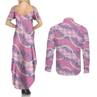Pink Hawaii Palaka Honohono Pikake Couples Matching Summer Maxi Dress and Long Sleeve Button Shirt Hawaiian Orchid Lei Polynesian Pattern - Polynesian Pride