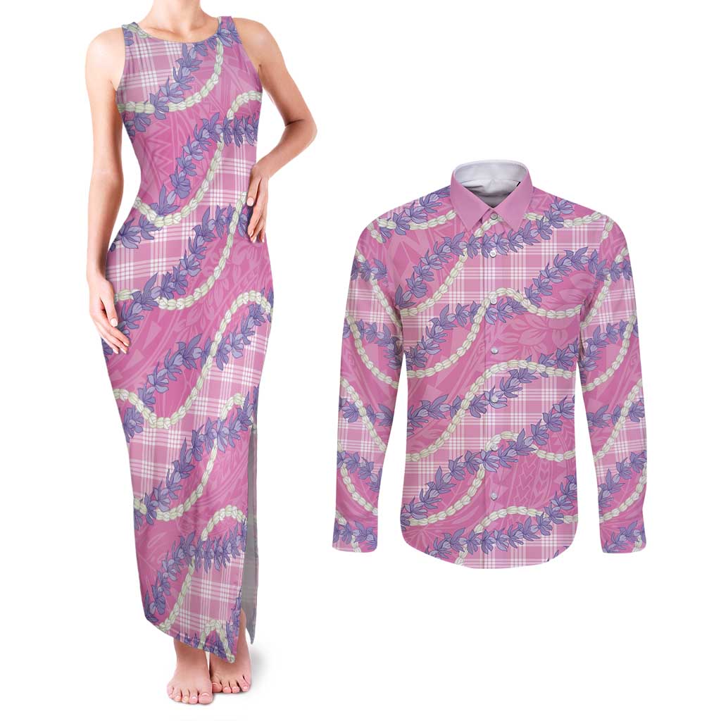 Pink Hawaii Palaka Honohono Pikake Couples Matching Tank Maxi Dress and Long Sleeve Button Shirt Hawaiian Orchid Lei Polynesian Pattern - Polynesian Pride