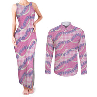 Pink Hawaii Palaka Honohono Pikake Couples Matching Tank Maxi Dress and Long Sleeve Button Shirt Hawaiian Orchid Lei Polynesian Pattern - Polynesian Pride