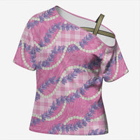 Pink Hawaii Palaka Honohono Pikake Cross Shoulder Shirt Hawaiian Orchid Lei Polynesian Pattern - Polynesian Pride