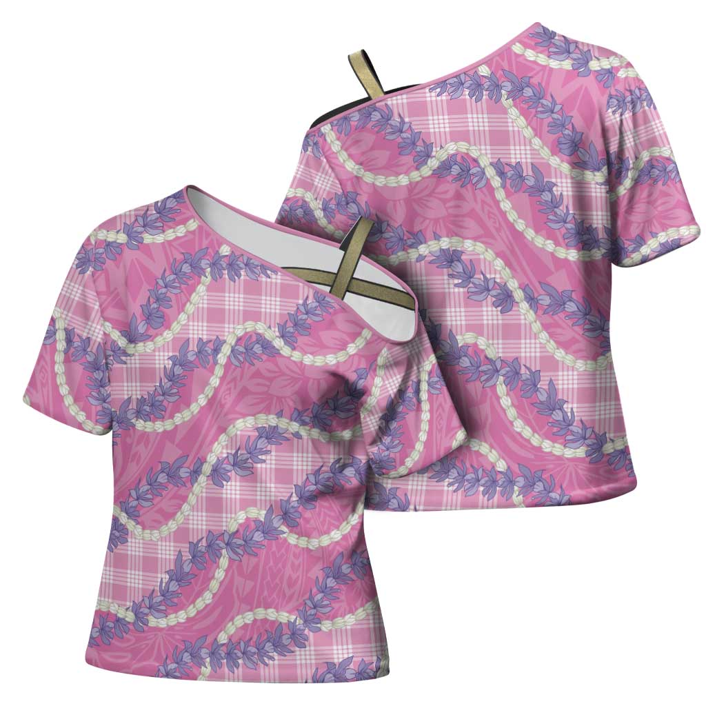 Pink Hawaii Palaka Honohono Pikake Cross Shoulder Shirt Hawaiian Orchid Lei Polynesian Pattern - Polynesian Pride
