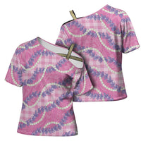 Pink Hawaii Palaka Honohono Pikake Cross Shoulder Shirt Hawaiian Orchid Lei Polynesian Pattern - Polynesian Pride