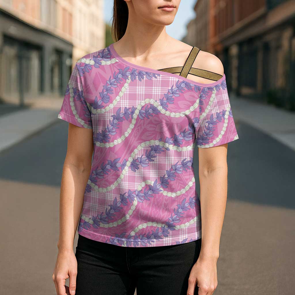 Pink Hawaii Palaka Honohono Pikake Cross Shoulder Shirt Hawaiian Orchid Lei Polynesian Pattern - Polynesian Pride