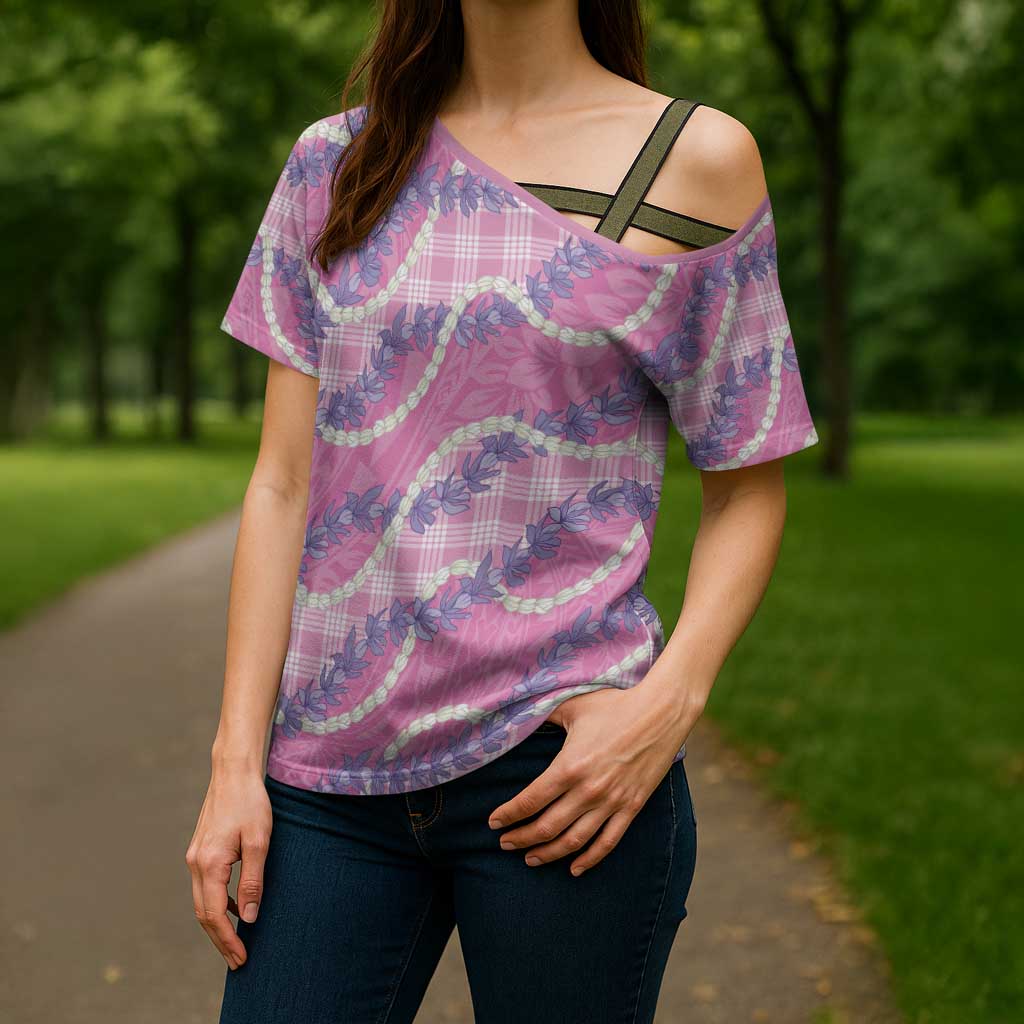 Pink Hawaii Palaka Honohono Pikake Cross Shoulder Shirt Hawaiian Orchid Lei Polynesian Pattern - Polynesian Pride
