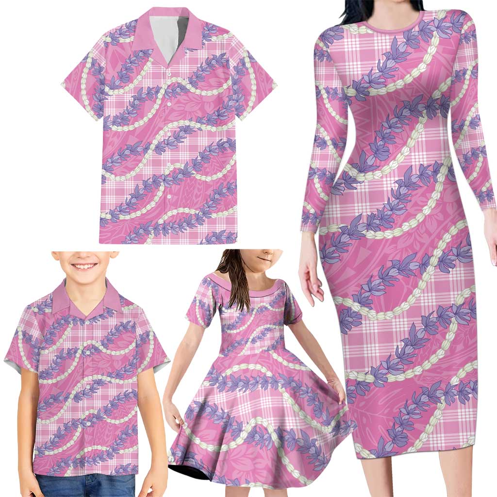 Pink Hawaii Palaka Honohono Pikake Family Matching Long Sleeve Bodycon Dress and Hawaiian Shirt Hawaiian Orchid Lei Polynesian Pattern LT14 - Polynesian Pride